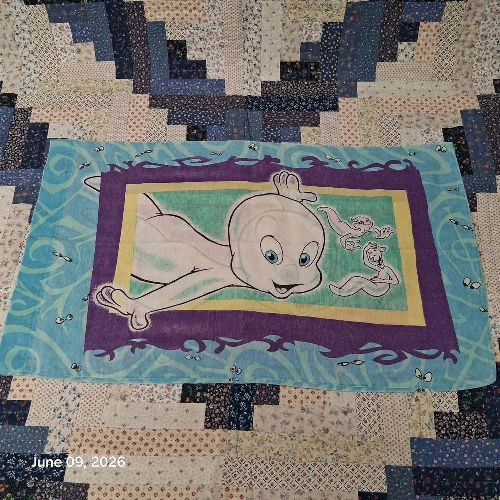 Vintage 1995 Casper the Friendly Ghost Pillow Case Blue Double Sided 30 x 18